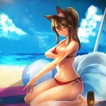  ahri animal_ears ball beachball bikini breasts brown_eyes brown_hair cleavage facial_mark fox_ears fox_tail large_breasts league_of_legends long_hair looking_at_viewer mizoreame multiple_tails navel one_eye_closed ponytail side-tie_bikini sitting smile solo swimsuit tail umbrella wariza 