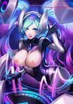  alternate_costume blue_eyes blue_hair blush bodysuit breasts breasts_outside citemer dj dj_sona female gloves gradient gradient_background gradient_hair headphones highres large_breasts league_of_legends liuruoyu8888 long_hair looking_at_viewer multicolored_hair nipples parted_lips purple_hair smile solo sona sona_buvelle twintails two-tone_hair 