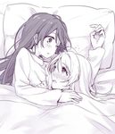  ayase_eli bed blush duplicate flying_sweatdrops hair_down head_on_chest long_hair long_sleeves looking_at_another love_live! love_live!_school_idol_project lying monochrome multiple_girls on_side pajamas pillow shared_blanket smile sonoda_umi under_covers yukiiti yuri 