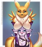  big_breasts boob_hat breast_grab breasts clothed clothing digimon doomthewolf dragon female female/female fur furred_dragon interspecies looking_at_viewer nhala_levee renamon skimpy 