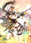  black_hair breasts cleavage fox_mask fundoshi gun highres holding holding_gun holding_sword holding_weapon japanese_clothes kodachi kunai looking_at_viewer mask md5_mismatch multicolored_hair natsui_tuna orange_hair original ponytail short_sword small_breasts solo sword thigh_strap two-tone_hair weapon yellow_eyes 