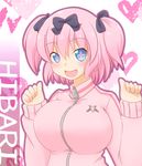  1girl blue_eyes blush bow breasts commentary_request hair_bow hibari_(senran_kagura) highres jacket kasumisometsuki large_breasts looking_at_viewer open_mouth pink_hair senran_kagura senran_kagura_shoujo-tachi_no_shin'ei short_hair short_twintails smile solo symbol-shaped_pupils track_jacket twintails 