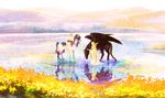  aohato blonde_hair dress field flower flower_field highres horse long_hair multiple_girls pegasus pixiv_fantasia pixiv_fantasia_4 pointy_ears riding scenery short_hair water white_dress 