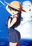  black_hair brown_eyes hand_on_headwear hat kantai_collection kato_(mogumoguokome) long_hair md5_mismatch one-piece_swimsuit polka_dot polka_dot_swimsuit skirt solo sun_hat swimsuit ushio_(kantai_collection) 