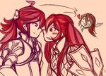  armor blush family fire_emblem fire_emblem_if heart luna_(fire_emblem_if) matoi_(fire_emblem_if) monochrome plate ponytail red_eyes red_hair serena_(fire_emblem) simple_background smile smirk tsubaki_(fire_emblem_if) twintails very_long_hair 