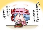  1girl :3 bat_wings blue_hair bow brooch chibi commentary detached_wings eating food food_on_face fork hat hat_bow jewelry mob_cap noai_nioshi open_mouth patch puffy_short_sleeves puffy_sleeves red_bow remilia_scarlet short_hair short_sleeves solo touhou translated wings |_| 