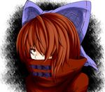 black_background blue_ribbon bow cape close-up covered_mouth hair_bow hair_over_one_eye looking_at_viewer red_eyes red_hair ribbon sekibanki short_hair solo touhou zetsumame 