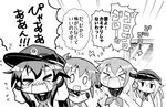  &gt;_&lt; 4girls :&lt; akatsuki_(kantai_collection) anchor_symbol closed_eyes commentary_request flailing flat_cap flying_sweatdrops folded_ponytail greyscale hair_ornament hairclip hat herada_mitsuru hibiki_(kantai_collection) ikazuchi_(kantai_collection) inazuma_(kantai_collection) kantai_collection long_hair long_sleeves monochrome multiple_girls neckerchief open_mouth ponytail school_uniform serafuku short_hair translated wavy_mouth 