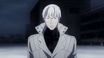  1boy animated animated_gif arima_kishou_(tokyo_ghoul) badass collar expressionless glasses grey_eyes roof rooftop short_hair snow solo standing tokyo_ghoul trench_coat white_hair 