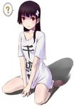  :/ ? artist_request black_hair black_legwear full_body long_hair lowres no_shoes red_eyes sanka_rea sankarea shirt sitting socks solo spoken_question_mark t-shirt v_arms white_background white_shirt 