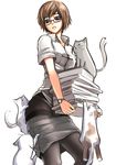  animal bob_cut book brown_hair cat copyright_request glasses handwatch pantyhose pixiv3273068 short_hair simple_background skirt skirt_pull solo watch wristwatch 