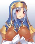  blue_hair breasts covered_nipples elbow_gloves ethel_(sennen_sensou_aigis) gloves habit large_breasts long_hair nun red_eyes sennen_sensou_aigis solo upper_body yuru 