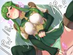  1boy 1girl blush boris_(noborhys) breasts clothed_sex commentary_request cum cum_in_pussy dress dress_lift dutch_angle fire_emblem fire_emblem:_monshou_no_nazo girl_on_top green_eyes green_hair green_panties hetero highres long_hair looking_at_viewer nintendo panties panties_aside paola sex sidelocks solo_focus thighhighs underwear vaginal 
