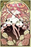  art_nouveau bow bow_(weapon) breasts cleavage cleavage_cutout dress flower gloves hair_bow hair_ribbon highres kaname_madoka long_hair madoka_runes magical_girl mahou_shoujo_madoka_magica official_art pink_hair ribbon rose small_breasts smile solo spoilers star starry_background thighhighs two_side_up ultimate_madoka weapon white_flower white_rose yellow_eyes 