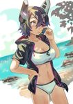  bikini blush breasts cleavage collarbone eyepatch hand_on_hip headgear hood hoodie kantai_collection large_breasts looking_away navel purple_eyes rano solo swimsuit tenryuu_(kantai_collection) 