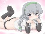  ass blush breasts cleavage commentary_request grey_hair hairband kantai_collection looking_at_viewer okiraku_nikku pregnancy_test solo yamagumo_(kantai_collection) 