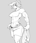  anthro big_breasts breasts clothed clothing cornfrosty ear_piercing facial_piercing feline female hair lip_piercing mammal monochrome muscles navel navel_piercing panties piercing simple_background solo tattoo tiger underwear 