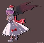  ankle_boots artist_name bat_wings boots colored_eyelashes dated finger_to_mouth full_body grey_background hat hat_ribbon highres mob_cap nogi_(sakanashikatabenai) profile puffy_short_sleeves puffy_sleeves purple_hair red_eyes remilia_scarlet ribbon shadow shoe_ribbon short_hair short_sleeves simple_background skirt skirt_set smile solo touhou walking wings 