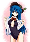 alternate_costume bare_legs bare_shoulders blue_hair breasts cleavage_cutout food front_zipper_swimsuit fruit groin hinanawi_tenshi long_hair looking_at_viewer medium_breasts meme_attire one-piece_swimsuit open_clothes peach pink_background red_eyes smile solo swimsuit touhou zetsumame 