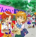  bag candy_apple clothes_around_waist food futari_wa_precure highres hino_akane_(smile_precure!) hoshizora_miyuki karapago lacrosse_stick misumi_nagisa multiple_girls okonomiyaki precure school_bag school_uniform smile_precure! sweater_around_waist takoyaki yukishiro_honoka 