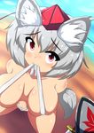  animal_ears blush breasts collarbone convenient_censoring from_above hat holding inubashiri_momiji kagayama_hajime large_breasts looking_at_viewer navel nude red_eyes shield short_hair silver_hair solo sword tail tokin_hat touhou weapon wolf_ears wolf_tail 