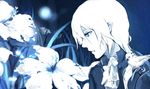  animal animal_on_shoulder bird_on_shoulder blue blue_eyes expressionless face flower long_hair male_focus monochrome original parted_lips piano_(agneschen) pointy_ears ponytail profile solo white_hair 