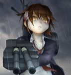  aiming_at_viewer bandages blood brown_eyes brown_hair cloud cloudy_sky highres kantai_collection kouba_nobu looking_at_viewer machinery rain school_uniform short_hair sky solo storm tears turret wakaba_(kantai_collection) wind 