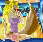  arkbeast_(artist) blonde_hair canine charm clothing female hair mammal mia necklace phone selfie solo tattoo 