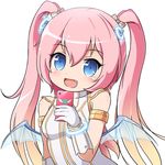  :d angelic_buster bare_shoulders bat_wings blonde_hair blue_eyes blush cellphone fang gloves gradient_hair hair_ornament horns maplestory multicolored_hair nekono_rin open_mouth phone pink_hair smile solo twintails wings 