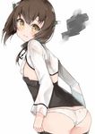  ass bike_shorts_pull blush brown_eyes brown_hair cole covered_nipples flat_chest headband headgear kantai_collection looking_at_viewer panties short_hair solo taihou_(kantai_collection) underwear white_panties yellow_eyes 