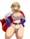  1girl blonde_hair blush breasts bursting_breasts cape cleavage cleavage_cutout curvy dc_comics eric_lowery female gloves highleg highleg_leotard kryptonian large_breasts leotard looking_at_viewer parted_lips power_girl red_cape short_hair simple_background solo standing superhero sweat thick_thighs white_background wide_hips 
