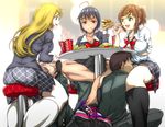  3boys 3girls blonde_hair blue_hair brown_hair fast_food fellatio femdom futa_on_male futa_with_male futanari gradient gradient_background hand_on_another's_head multiple_boys multiple_girls nightingale_(extinct_canis) oral ribbon ribbons short_hair sneakers socks under_table 