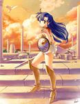  armor asou_yuuko blue_hair boots breastplate brown_eyes long_hair mugen_senshi_valis scarf shield shoulder_pads skirt smile sunset sword uchiu_kazuma valis weapon 