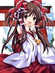  alternate_hairstyle ascot bare_shoulders blush bow brown_eyes brown_hair detached_sleeves hair_bow hair_tubes hakurei_reimu hand_to_own_mouth long_hair open_mouth sash smile solo torii touhou two_side_up uguisu_mochi_(ykss35) 