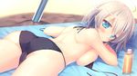  ass beach bikini blue_eyes blush breasts censored chikotam game_cg highres looking_back love_rec. mikuriya_nori mosaic_censoring pointless_censoring sideboob swimsuit 