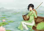  axis_powers_hetalia bamboo black_hair blush boat flower fog hat lake liang_baicai lily_(flower) lily_pad long_hair looking_at_viewer mountain sitting solo vietnam_(hetalia) vietnamese_dress water watercraft yellow_eyes 