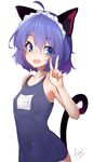  2015 ahoge animal_ears blue_eyes cat_ears cat_tail covered_navel dated eyelashes hair_between_eyes maid_headdress one-piece_swimsuit open_mouth original purple_hair school_swimsuit short_hair signature simple_background smile solo swimsuit tail tilt-shift v white_background 