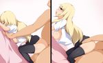  1boy 1girl all_fours aqua_eyes areolae bed black_legwear black_skirt blonde_hair blue_eyes blush breasts clothed_female_nude_male doggystyle dutch_angle eve_(artist) eyes_closed hanging_breasts highres large_breasts legs long_hair looking_away nipples no_bra open_clothes open_mouth school_uniform sequential sex simple_background skirt skirt_lift thighs top-down_bottom-up vaginal white_background 