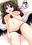  ? alternate_costume arm_at_side bare_arms bare_legs bare_shoulders between_breasts bikini black_bikini black_wings bow breasts brown_hair cape feathered_wings finger_to_mouth from_below green_ribbon groin hair_bow hand_between_breasts large_breasts long_hair looking_at_viewer messy_hair navel red_eyes reiuji_utsuho ribbon solo stomach swimsuit thighs touhou underboob wings zetsumame 