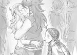  3girls artist_request blush eponine_(fire_emblem_if) eyes_closed female fire_emblem fire_emblem_if hug kiss long_hair monochrome multiple_girls nintendo ophelia_(fire_emblem_if) parody soleil_(fire_emblem_if) yuri 