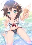  bad_anatomy bare_legs barefoot blush braid breasts brown_hair cleavage commentary_request food fukuda_shuushi green_eyes hair_ornament hair_over_shoulder highres ice_cream ice_cream_cone kantai_collection looking_at_viewer navel open_clothes open_shirt remodel_(kantai_collection) shigure_(kantai_collection) shirt short_hair single_braid sitting small_breasts smile soft_serve solo swimsuit wariza water 