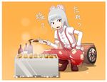  bad_id bad_pixiv_id bangs banned_artist boots bow check_translation collared_shirt commentary_request food frame fujiwara_no_mokou full_body fur_trim hair_bow hand_on_own_thigh kebab long_hair looking_at_viewer okahi open_mouth orange_background pants red_eyes red_pants sauce shirt simple_background smile solo squatting suspenders teeth tongue touhou translation_request very_long_hair yakitori 
