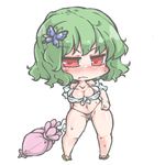  bikini blush breasts butterfly_hair_ornament chibi cleavage closed_umbrella green_hair hair_ornament hairclip hand_on_hip kazami_yuuka kureha_mitsushige large_breasts micro_bikini off_shoulder red_eyes sandals shirt short_hair sweat swimsuit tied_shirt touhou umbrella wavy_mouth white_shirt 