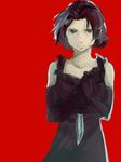  angry avvo_(ekireikirei) baccano! black_dress black_hair brown_eyes chane_laforet dress elbow_gloves gloves knife looking_at_viewer short_hair solo 