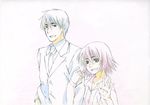  1girl colored_pencil_(medium) formal locked_arms monochrome necktie nonaka_haru sey short_hair traditional_media uozumi_rikuo yesterday_wo_utatte 