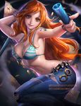  arm_behind_head armpits banned_artist bikini_top breasts cleavage clima-tact coin denim jeans large_breasts lips long_hair map midriff nami_(one_piece) navel one_piece orange_eyes orange_hair pants pointing sakimichan smile solo tattoo torn_clothes torn_jeans torn_pants underboob watermark web_address 