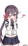  :o akebono_(kantai_collection) bangs bell blush choker cowboy_shot fang flower frown hair_bell hair_between_eyes hair_flower hair_ornament hands_on_own_face heart heart-shaped_lock heart-shaped_pupils heart_lock_(kantai_collection) highres jingle_bell kantai_collection long_hair looking_at_viewer low_ponytail midriff mitsudoue navel neck_ribbon one_eye_closed pleated_skirt purple_hair red_eyes ribbon school_uniform serafuku side_ponytail simple_background skirt solo symbol-shaped_pupils tsundere tsurime twitter_username v-shaped_eyebrows very_long_hair white_background 