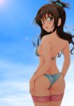  :o absurdres ass back bikini blush brown_eyes brown_hair day hair_ornament highres looking_at_viewer looking_back nanashi_noiji simple_background solo striped striped_bikini swimsuit to_love-ru yuuki_mikan 