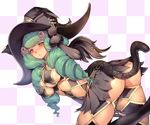  adjusting_clothes adjusting_hat ass black_gloves black_skirt blush brown_eyes checkered checkered_background commentary drill_hair elbow_gloves fiore_brunelli gloves green_hair hat long_hair miniskirt revealing_clothes skirt solo star_ocean star_ocean_integrity_and_faithlessness tail teddy_(khanshin) thong twin_drills twintails wings witch_hat 