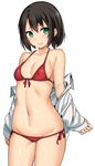  bikini black_hair breasts cameltoe character_request covered_nipples cowboy_shot front-tie_top green_eyes groin looking_at_viewer lowleg mokyu navel nervous off_shoulder red_bikini sennen_sensou_aigis side-tie_bikini simple_background sketch small_breasts solo stomach swimsuit white_background 